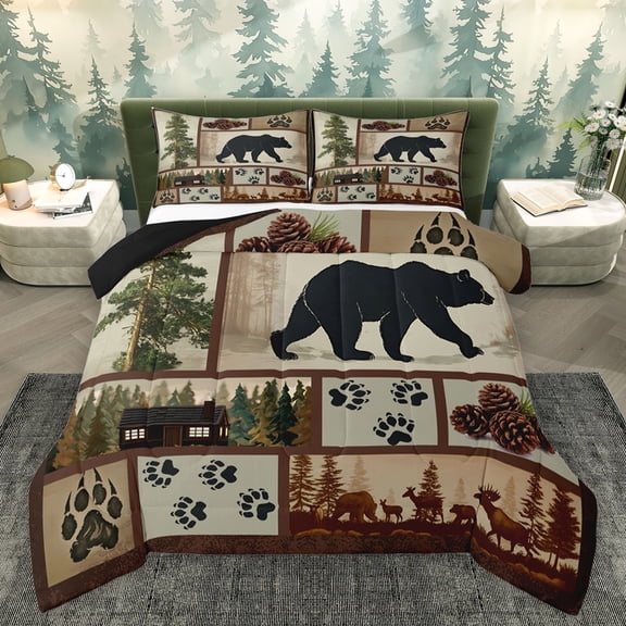 Homewish Rustic Jungle Bear Queen Comforter Set, Farmhouse Plant Botanical Bedding Sets, Southwestern Theme Reversible Bedding Comforter Set, Breathable Home Decor, 3 Pieces