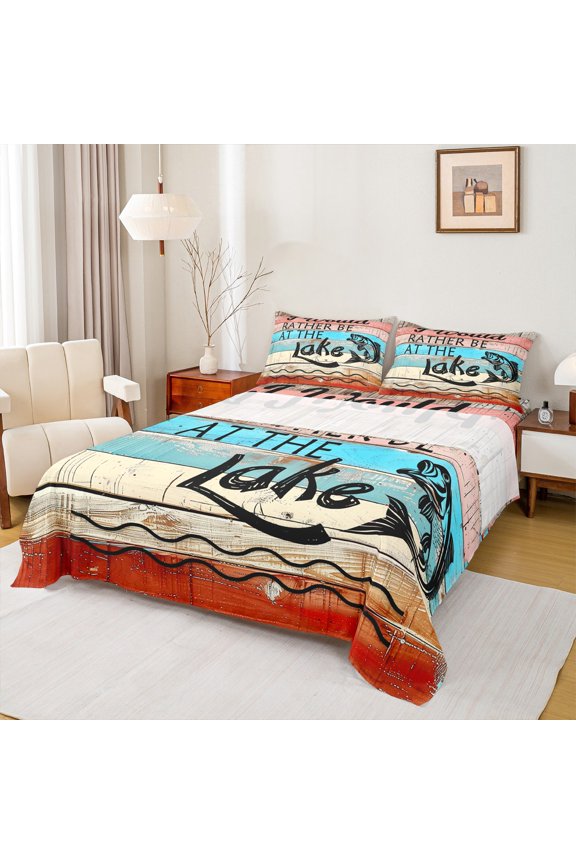 Rustic Lake House Bed Sheets, Countryside Fishing King Sheets, Blue Red Wooden Plank Sheet Set, 4 Pieces