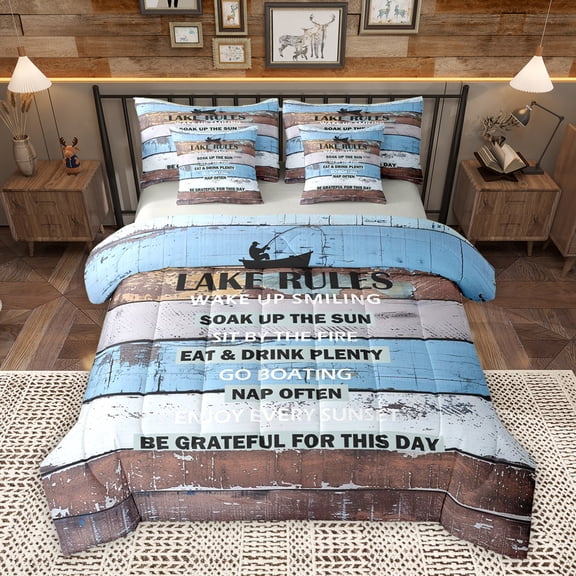 Homewish Rustic Lake House Bedding Comforter Set 7pcs for Adult, Blue Brown Wooden Plank Queen Bedding Sets, Countryside Theme Reversible Queen Sheet Sets, Super Cozy Room Decor