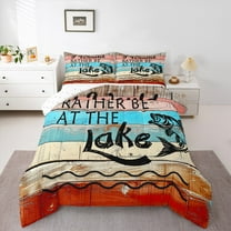 Homewish Rustic Lake House Bedding Comforter Set for Teen, Countryside Fishing Twin Comforter Sets, Blue Red Wooden Plank Reversible Bedding Set, Luxury Bedroom Decor, 2 Pieces