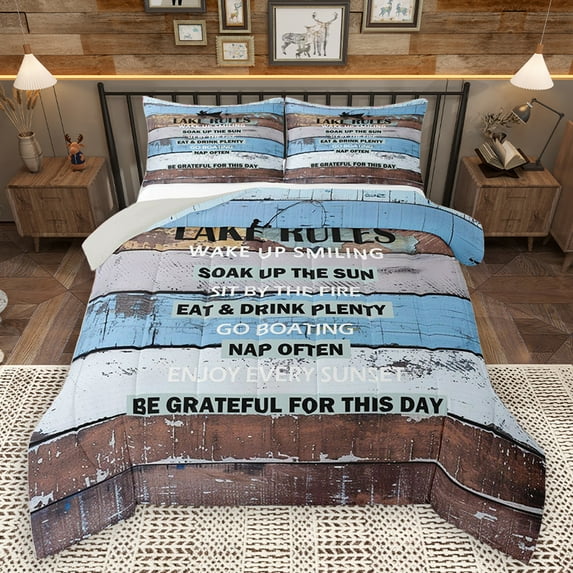 Homewish Rustic Lake House Full Size Comforter Sets for Adult, Blue Brown Wooden Plank Bedding Comforter Set, Countryside Theme Reversible Bedding Sets, Super Cozy Room Decor, 3 Pieces