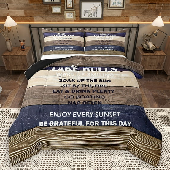 Homewish Rustic Lake House Queen Comforter Set for Adult, Brown Navy Wooden Plank Bedding Sets, Countryside Theme Reversible Bedding Comforter Set, Microfiber Bedroom Decor, 3 Pieces