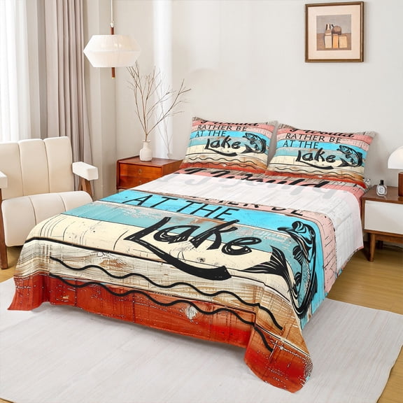 Homewish Rustic Lake House Queen Sheet Sets for Teen, Countryside Fishing Flat Sheet, Blue Red Wooden Plank Queen Fitted Sheet, Luxury Bedroom Decor, 4 Pieces