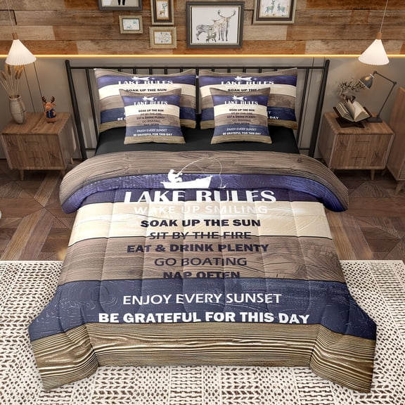 Homewish Rustic Lake House Twin Bedding Sets 7-Piece for Adult, Brown Navy Wooden Plank Bedding Comforter Set, Countryside Theme Reversible Sheet Sets, Microfiber Bedroom Decor