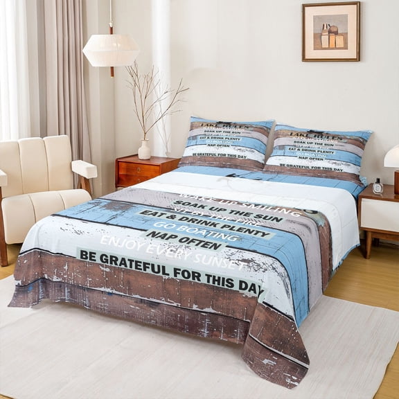 Homewish Rustic Lake House Twin Sheet Sets for Adult, Blue Brown Wooden Plank Twin Fitted Sheet, Countryside Theme Flat Sheet, Super Cozy Room Decor, 3 Pieces