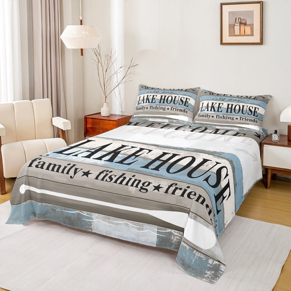 Homewish Rustic Lake House Twin Sheet Sets for Teen, Vintage Boat Paddle Twin Fitted Sheet, Grey Blue Wooden Plank Flat Sheet, Breathable Home Decor, 3pcs