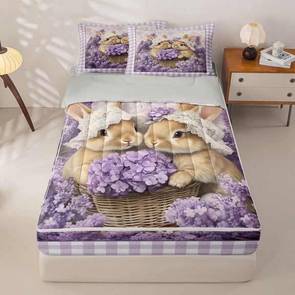 Homewish Rustic Lavender Flowers Zipper Twin Comforter Sets with Fitted Sheet and 2 Pillowcases,Cute Cartoon Rabbit Zipper Bedding Set For Girls Kids,Reversible,4-Piece