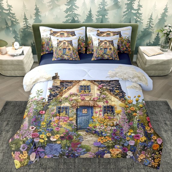 Homewish Rustic Lodge Cabin Bedding Comforter Set 7pcs, Farmhouse Flower Plant Queen Bedding Sets, Countryside Theme Reversible Queen Sheet Sets, Luxury Bedroom Decor