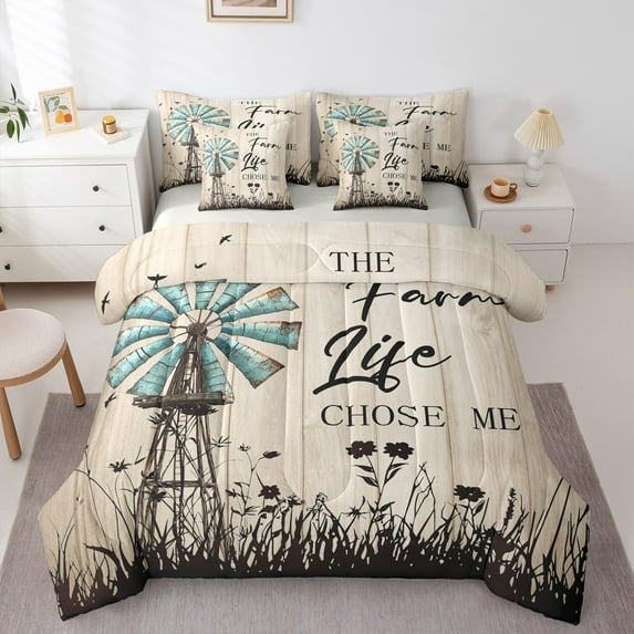 Homewish Rustic Lodge Cabin Bedding Comforter Set 7pcs for Men, Brown Vintage Old Barn Door Queen Bedding Sets, Farm Life Reversible Queen Sheet Sets, Super Cozy Room Decor