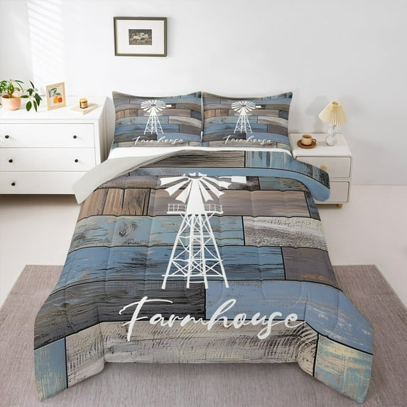 Homewish Rustic Lodge Cabin Bedding Comforter Set for Men, Vintage Old Barn Door Twin Comforter Sets, Blue Farm House Reversible Bedding Set, Breathable Home Decor, 2pcs