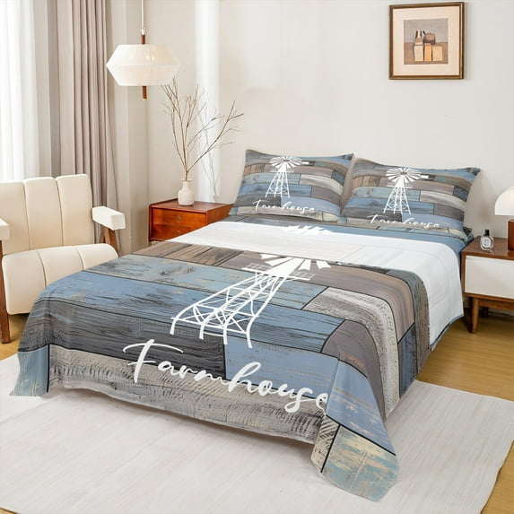 Homewish Rustic Lodge Cabin Twin Sheet Sets for Men, Vintage Old Barn Door Twin Fitted Sheet, Blue Farm House Flat Sheet, Breathable Home Decor, 3pcs