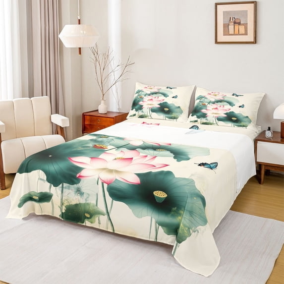 Homewish Rustic Lotus Twin Sheet Sets,Modern Aesthetic Art Twin Fitted Sheet,Green Lotus Leaves Flat Sheet For Girls Kids,Microfiber Bedroom Decor,3-Piece