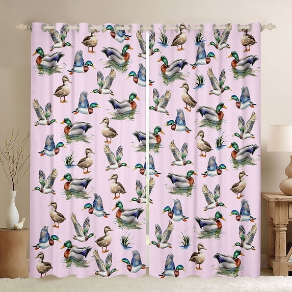 Homewish Rustic Mallard Black Out Curtains,Country Farm Duck Curtains Pack of 2 (42x63 Each),Pink Gray Green Bedroom Curtains For Girls Kids,Ultra Soft Home Decor