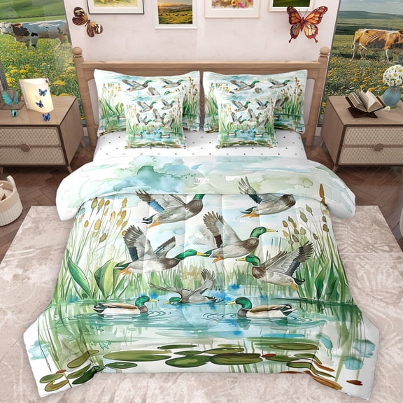 Homewish Rustic Mallard Duck 7-Piece Bedding Comforter Set,Country Plant River King Bedding Sets,Green White Brown Bed Sheets For Girls Boys,Breathable Home Decor Reversible