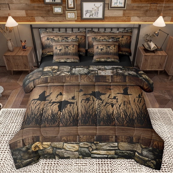 Homewish Rustic Mallard Duck 7pcs Bedding Comforter Set,Rustic Farmhouse Cabin Queen Bedding Sets,Old Barn Door Queen Sheet Sets For Boys,Super Cozy Room Decor Reversible
