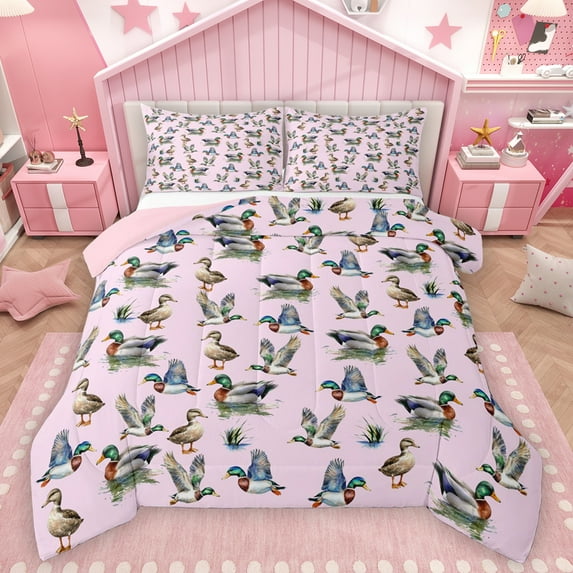 Homewish Rustic Mallard Full Size Comforter Sets,Country Farm Duck Bedding Comforter Set,Pink Gray Green Bedding Sets For Girls Kids,Ultra Soft Home Decor Reversible,3-Piece