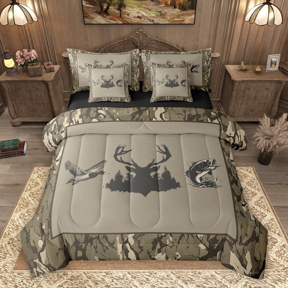 Homewish 7-Piece Rustic Moose Deer Comforter Set, Full - Pike Fish (Farmhouse)
