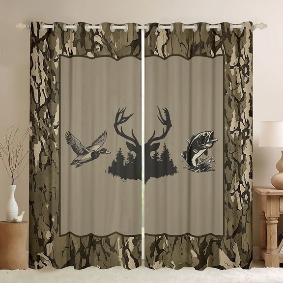 Homewish Rustic Moose Deer Blackout Curtains Set of 2 (52x84 Each) for Adult, Pike Fish Window Curtains, Jungle Branches Botanical Curtains and Drapes, Curtains and Drapes Decor