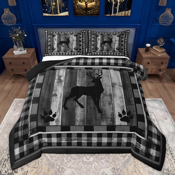 Homewish Rustic Moose Deer Queen Comforter Set for Adult, Grey Wooden Plank Bedding Sets, Vintage Checkered Buffalo Reversible Bedding Comforter Set, Breathable Home Decor, 3-Piece