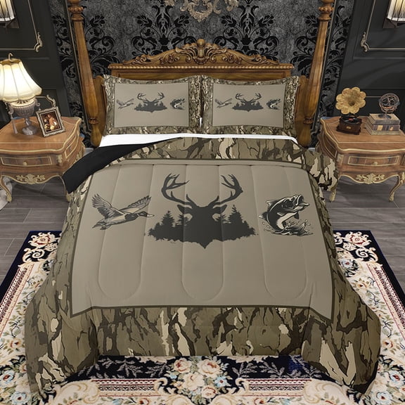 Homewish Rustic Moose Deer Queen Comforter Set, Pike Fish Wildlife Bedding, 3pcs