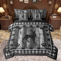 Homewish Rustic Moose Deer Twin Bedding Sets 7-Piece for Adult, Grey Wooden Plank Bedding Comforter Set, Vintage Checkered Buffalo Reversible Sheet Sets, Breathable Home Decor