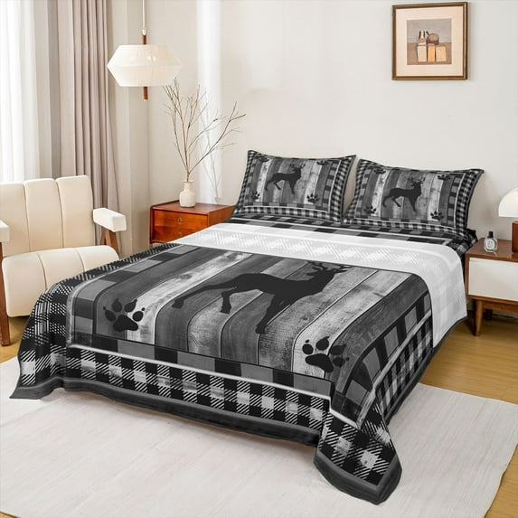 Homewish Rustic Moose Deer Twin Sheet Sets for Adult, Grey Wooden Plank Twin Fitted Sheet, Vintage Checkered Buffalo Flat Sheet, Breathable Home Decor, 3-Piece