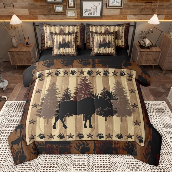 Homewish Rustic Moose Elk 7pcs Bedding Comforter Set,Rustic Farmhouse Cabin Queen Bedding Sets,Beige Brown Queen Sheet Sets For Boys Kids,Luxury Bedroom Decor Reversible