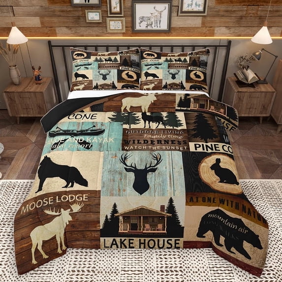 Homewish Rustic Moose Lodge Bedding Comforter Set, Western Lake House Twin Comforter Sets, Hunting and Fishing Reversible Bedding Set, Lightweight Room Decor, 2-Piece