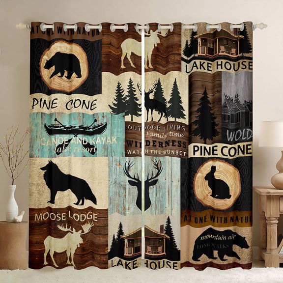 Homewish Rustic Moose Lodge Curtains Pack of 2 (42x84 Each), Western Lake House Curtains Blackout, Hunting and Fishing Bedroom Curtains, Black Out Curtains Room Decor