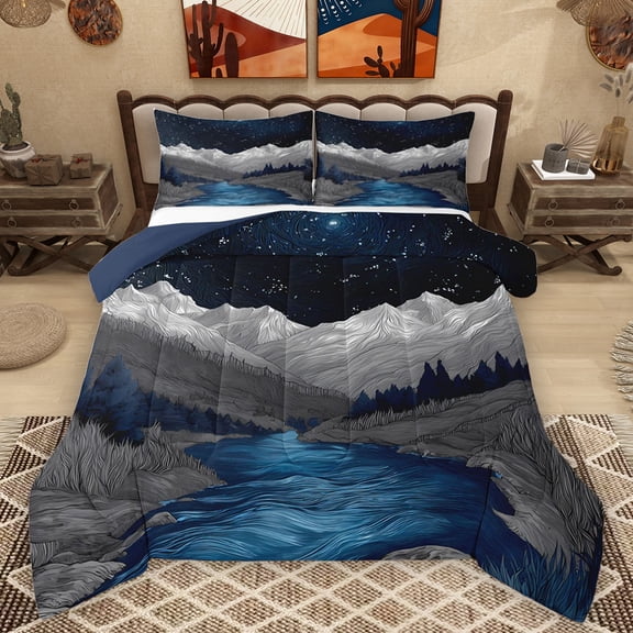 Homewish Rustic Mountain Lake Bedding Comforter Set, Nature Scenery Twin Comforter Sets, Psychedelic Stars Galaxy Reversible Bedding Set, Super Cozy Room Decor, 2 Pieces