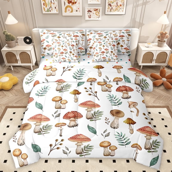 Homewish Rustic Mushroom 7-Piece Bedding Comforter Set,Country Flower Fungus King Bedding Sets,White Brown Bed Sheets For Girls Boys,Breathable Home Decor Reversible
