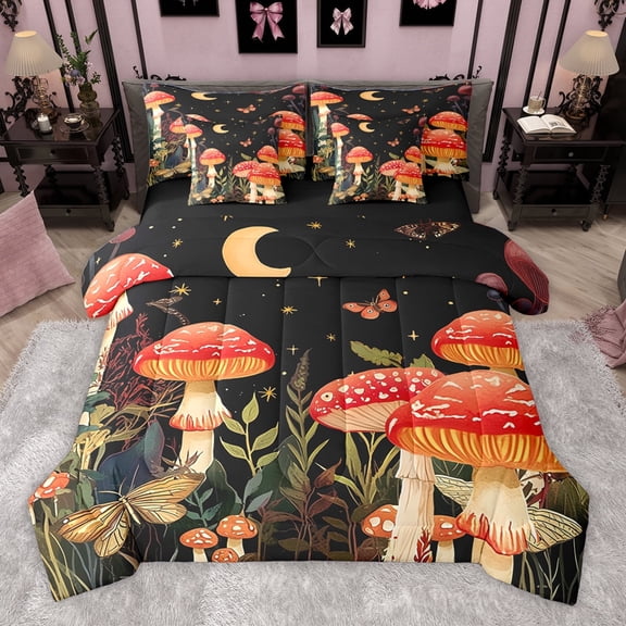 Homewish Rustic Mushroom 7 Pieces Bedding Comforter Set,Tropical Botanical Plant Full Bedding Set,Red Black Brown Fitted Sheet Flat Sheet For Girls Teens,Ultra Soft Home Decor Reversible