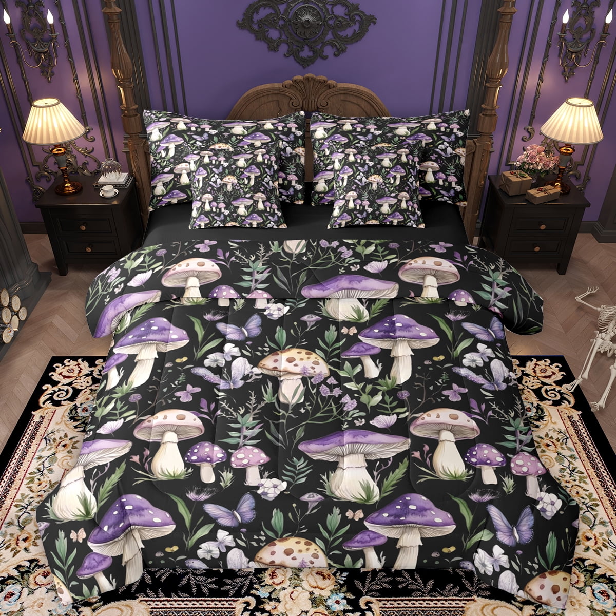 Homewish Rustic Mushroom 7pcs Bedding Comforter Set,Country Farmhouse Lodge Queen Bedding Sets,Purple Butterflies Queen Sheet Sets For Girl,Microfiber Bedroom Decor Reversible