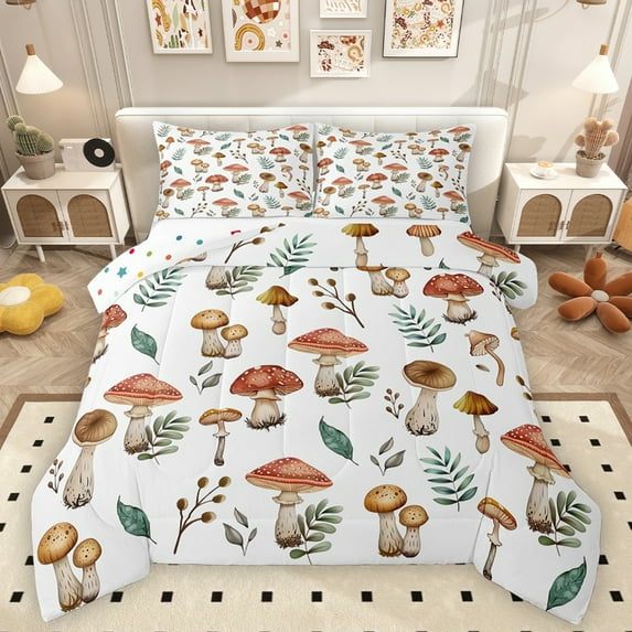 Homewish Rustic Mushroom Bedding Comforter Set,Country Flower Fungus Twin Comforter Sets,White Brown Bedding Set For Girls Boys,Breathable Home Decor Reversible,2 Pieces
