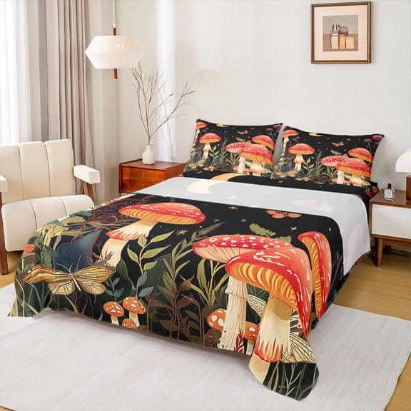 Homewish Rustic Mushroom Full Size Sheets,Tropical Botanical Plant Bed Sheets,Red Black Brown Sheet Sets For Girls Teens,Ultra Soft Home Decor,4 Pieces