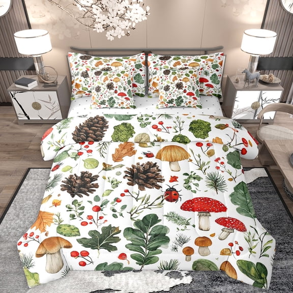 Homewish Rustic Mushroom Fungus 7 Pieces Bedding Comforter Set,Plam Monstera Leaf Full Bedding Set,Red Berry Fitted Sheet Flat Sheet For Girl Boy,Luxury Bedroom Decor