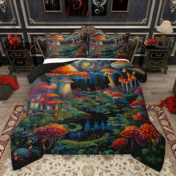 Homewish Rustic Mushroom Plant Bedding Comforter Set, Dreamy Magic Galaxy Twin Comforter Sets, Fairy Tale Theme Reversible Bedding Set, Breathable Home Decor, 2-Piece