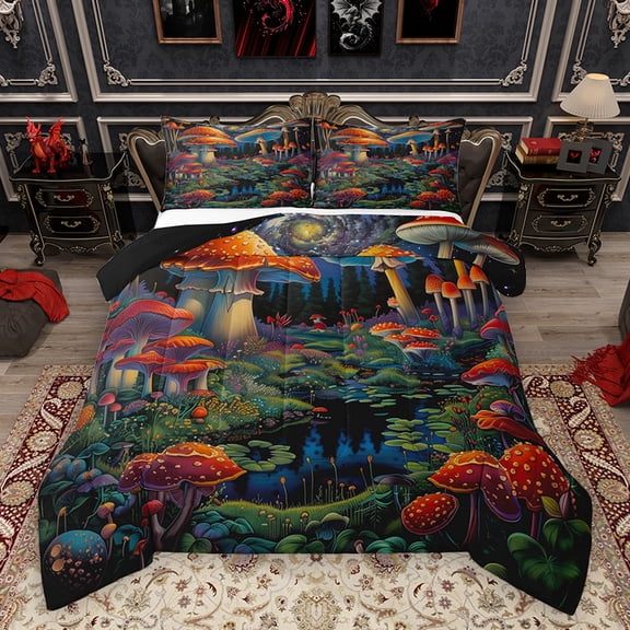 Homewish Rustic Mushroom Plant Full Size Comforter Sets, Dreamy Magic Galaxy Bedding Comforter Set, Fairy Tale Theme Reversible Bedding Sets, Breathable Home Decor, 3-Piece