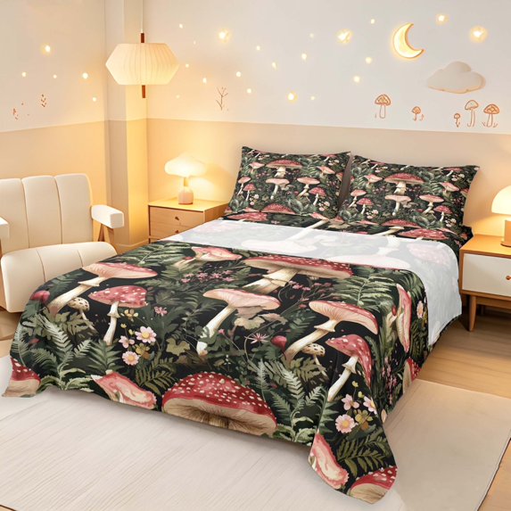 Homewish Rustic Mushrooms Bed Sheets,Boho Exotic Fungus Plant Full Size Sheets,Red Green,4-Piece,1 Flat Sheet, 1 Fitted Sheet and 2 Pillowcases