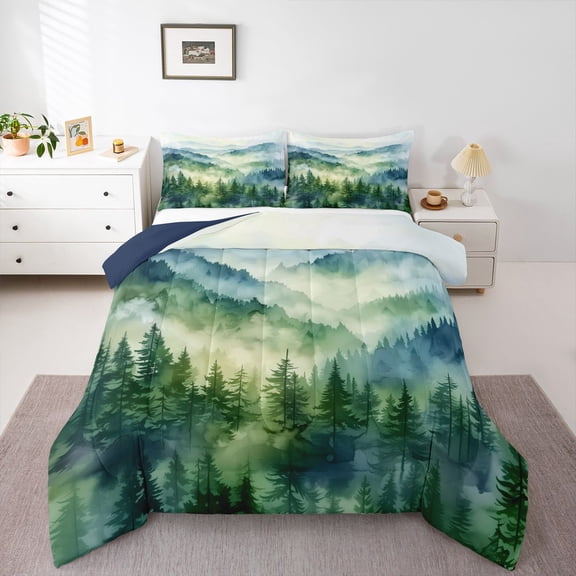 Homewish Rustic Nature Scenery Bedding Comforter Set, Green Pine Tree Twin Comforter Sets, Plant Botanical Reversible Bedding Set, Ultra Soft Bedroom Decor, 2 Pieces
