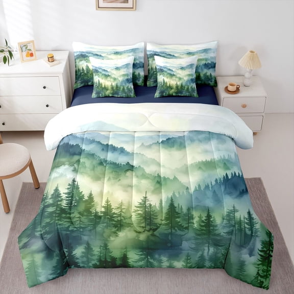 Homewish Rustic Nature Scenery Twin Bedding Sets 7-Piece, Green Pine Tree Bedding Comforter Set, Plant Botanical Reversible Sheet Sets, Ultra Soft Bedroom Decor