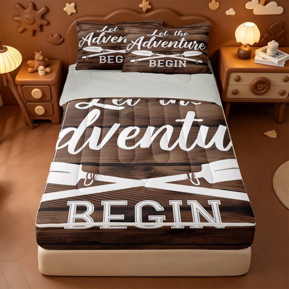 Homewish Rustic Outdoor Zipper Twin Comforter Sets with Fitted Sheet and 2 Pillowcases,Vintage Brown Wood Zipper Bedding Set For Boys,Light Gray Reversible,4pcs