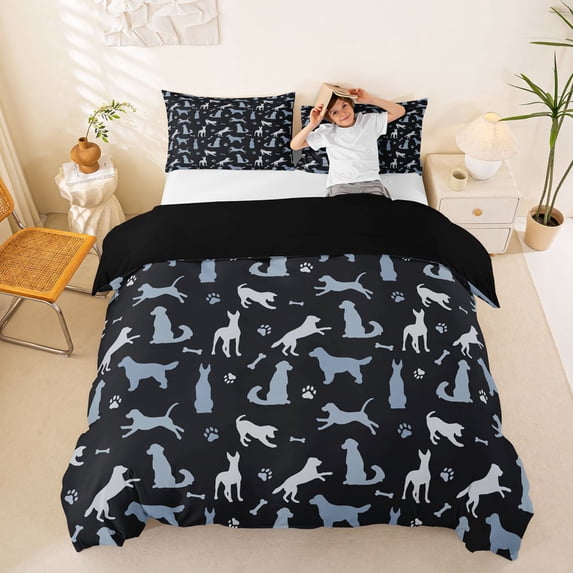 Homewish Rustic Pet Bedding,Dog Paws Bone Duvet Cover Full,Dark Gray,Black Reversible,3 Pieces,1 Duvet Cover and 2 Pillowcases