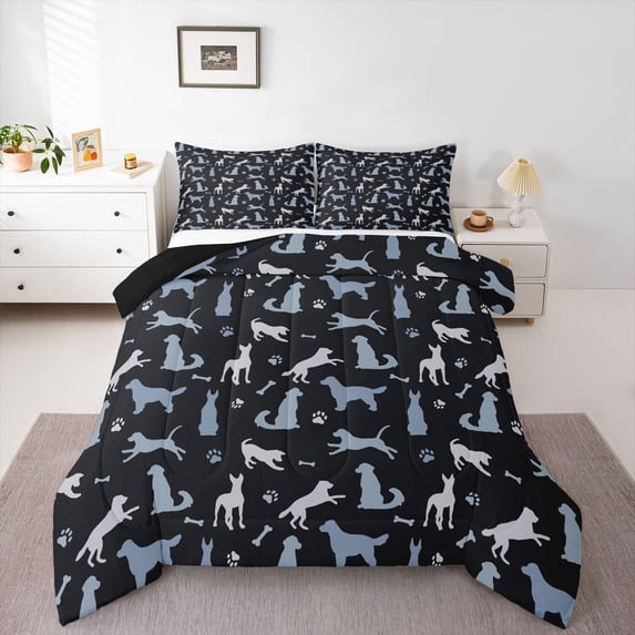 Homewish Rustic Pet Full Size Comforter Sets,Dog Paws Bone Bedding Comforter Set,Dark Gray,Black Reversible,3 Pieces,1 Comforter and 2 Pillowcases