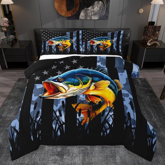 Homewish Rustic Pike Fish Queen Comforter Set, Vintage American Flag Bedding Sets, Hunting and Fishing Reversible Bedding Comforter Set, Super Cozy Room Decor, 3-Piece