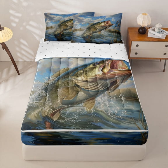 Homewish Rustic Pike Fish Zipper Full Size Comforter Sets with Fitted Sheet and 2 Pillowcases for Boy, Fishing Wildlife Zipper Bedding Set, Reversible, 4-Piece