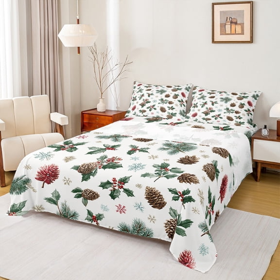Homewish Rustic Pine Cone Twin Sheet Sets,Green Christmas Floral Twin Fitted Sheet,Red Xmas Berry Flat Sheet For Men Women,Ultra Soft Home Decor,3-Piece