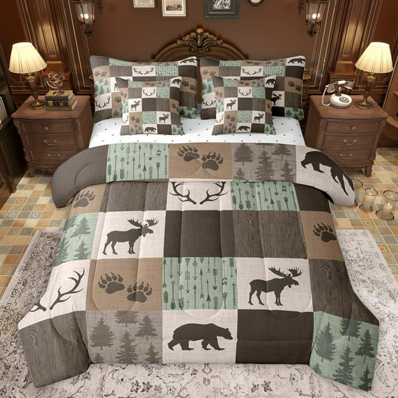 Homewish Rustic Pine Tree 7pcs Bedding Comforter Set,Jungle Wildlife Bear Moose Queen Bedding Sets,Brown Green Queen Sheet Sets For Kids,Microfiber Bedroom Decor Reversible