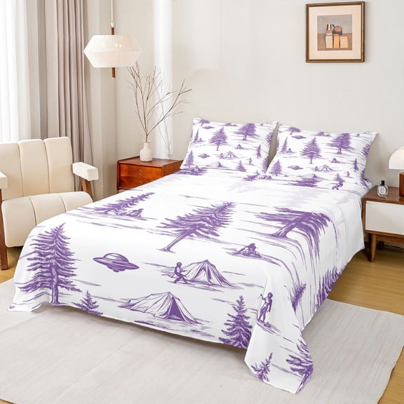 Homewish Rustic Pine Tree Bed Sheets for Teens, Purple Plant Botancial King Sheets, Adventure Camping Sheet Set, Lightweight Room Decor, 4 Pieces