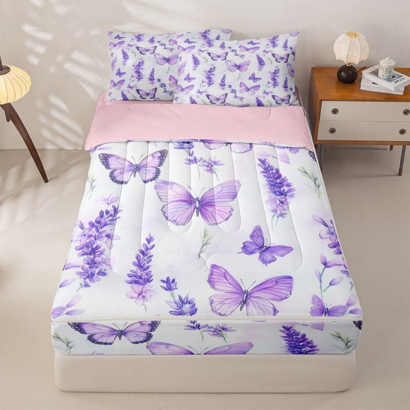 Homewish Rustic Plant Lavender Zipper Twin Comforter Sets with Fitted Sheet and 2 Pillowcases,Wild Animal Butterfly Zipper Bedding Set For Men Women,Reversible,4-Piece